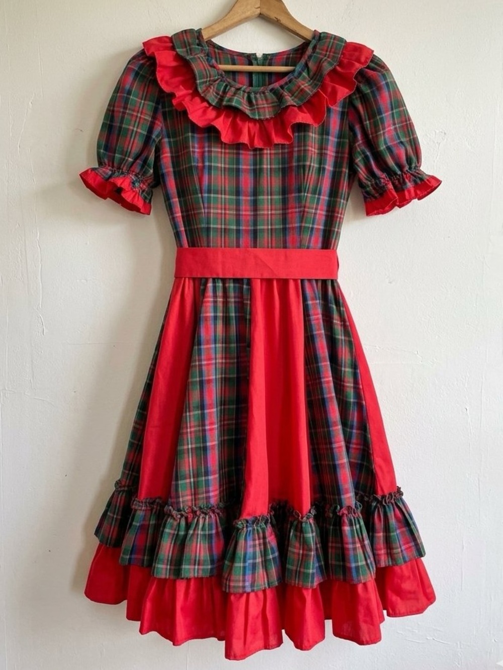 VINTAGE 70s Tartan Plaid Square Dance Dress | OOAK Handmade Ruffle Prairie Dress